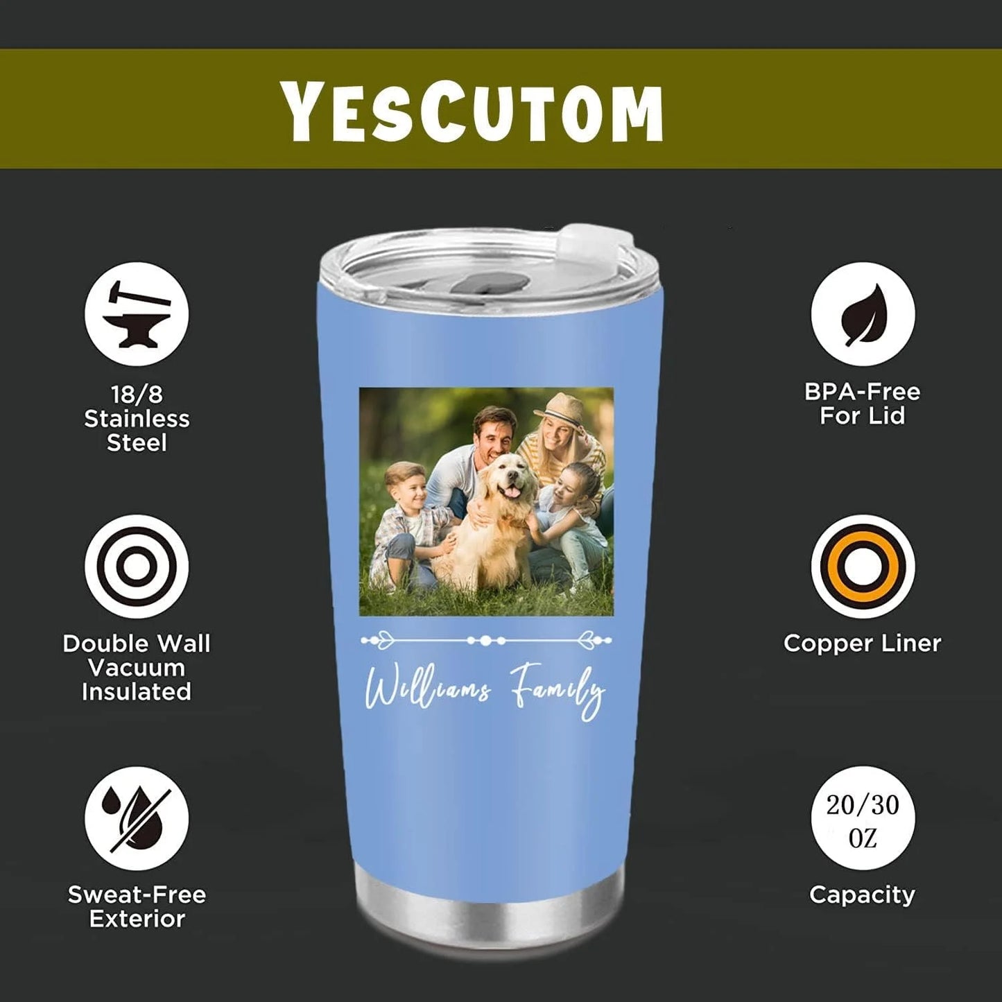Custom Water Bottle Personalized Family Lovers Image & Text Double Side Print Stainless Steel Travel Mug Insulated Coffee Cup