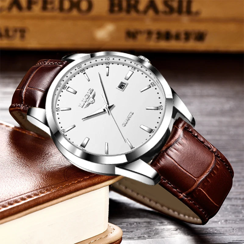 LIGE  Watch Fashion Leather Strap Mens Watches Military Quartz Wristwatches