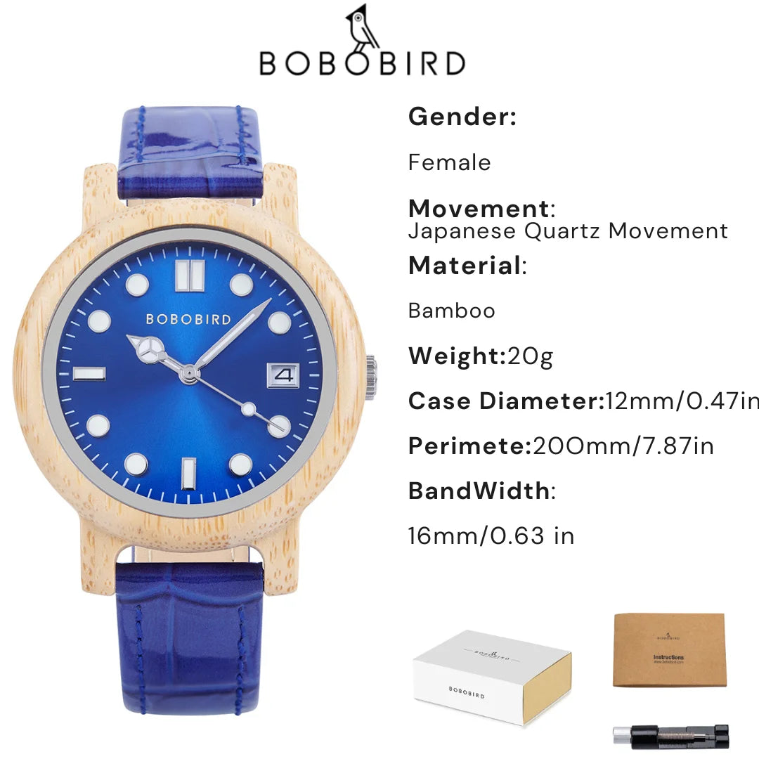 BOBO BIRD Bamboo Ladies Wristwatch for Women with Genuine Leather Strap Natural Lightweight Elegant Fashion Gift Watch for Her