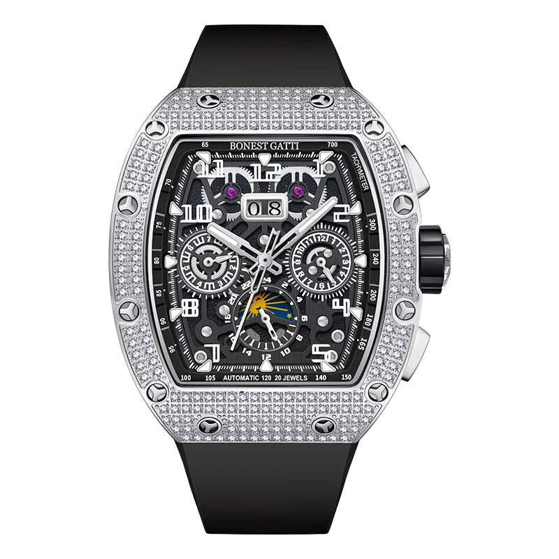 BONEST GATTI Automatic Watch Tonneau Mechanical Wristwatch Diamond Bezel Rubber Strap Watches For Men