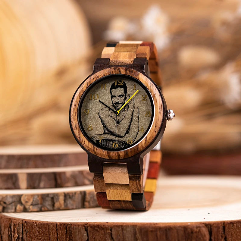 BOBO BIRD Personalized Watch for Men Women Photo Print Wood Wristwatch Birthday Valentine's Day Couple Watches Relogio Mascul