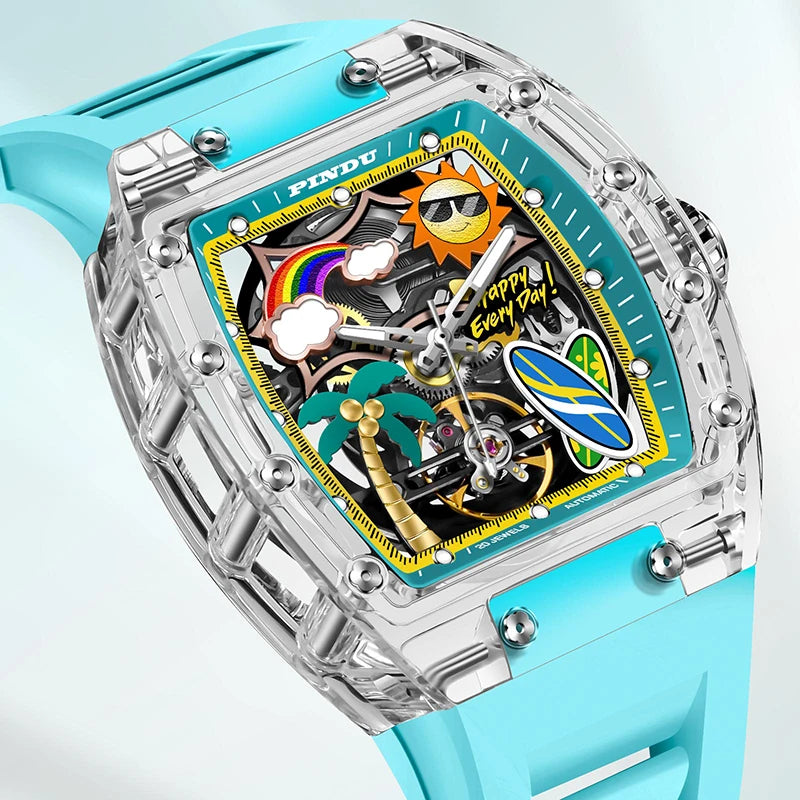 PINDU Watch Unique Dial Design Style Men Mechanical Watch Summer Beach Fashion Watch Glowing Waterproof Resin Automatic Watches