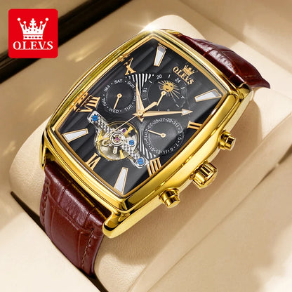 OLEVS 6675 Original Automatic Men's Watches Luxury Brand Square Dial Moon Phase Hollowed Flywheel Mechanical Wristwatch for Man