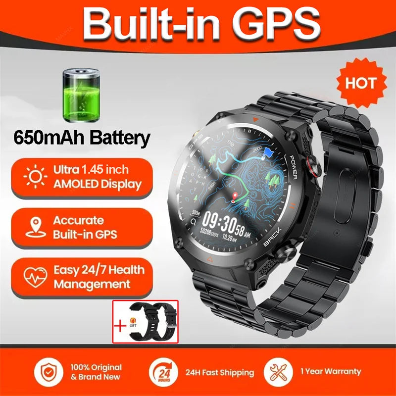 2026 New Military Outdoor Sports Smart Watch Men P68 Waterproof Built-in GPS Compass 650mAh Battery Bluetooth Call Smar twatch