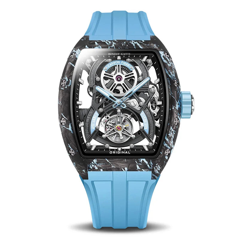 BONEST GATTI 2025 New Luxury Men Automatic Mechanical Tourbillon Skeleton Carbon Fiber Luminous Barrel Case Wristwatch