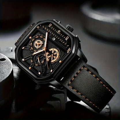 Luxury Big Dial Men Square Watch Casual PU Leather Strap Men Sports Watches