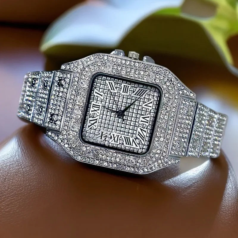 Brand Luxury Men's Watches Stylish Alloy Strap Hip Hop Diamond Gold Date Quartz Watch Montre Homme