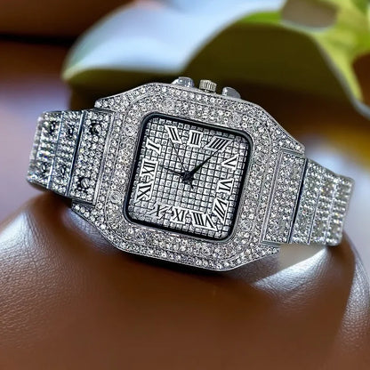 Brand Luxury Men's Watches Stylish Alloy Strap Hip Hop Diamond Gold Date Quartz Watch Montre Homme