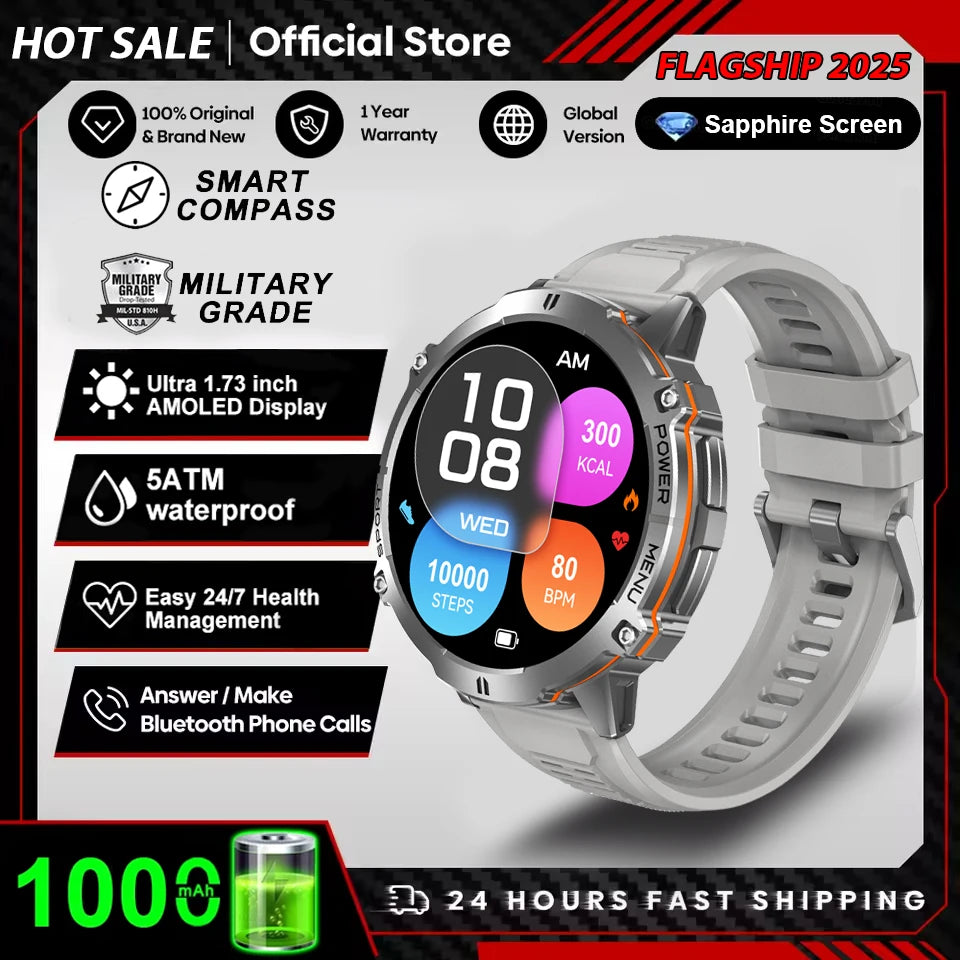 2026 Military TANK X3 Smart Watch Men 1.73" AMOLED Screen 5ATM Waterproof 1000mAh Battery GPS Sports Fitness Track Smart Watches