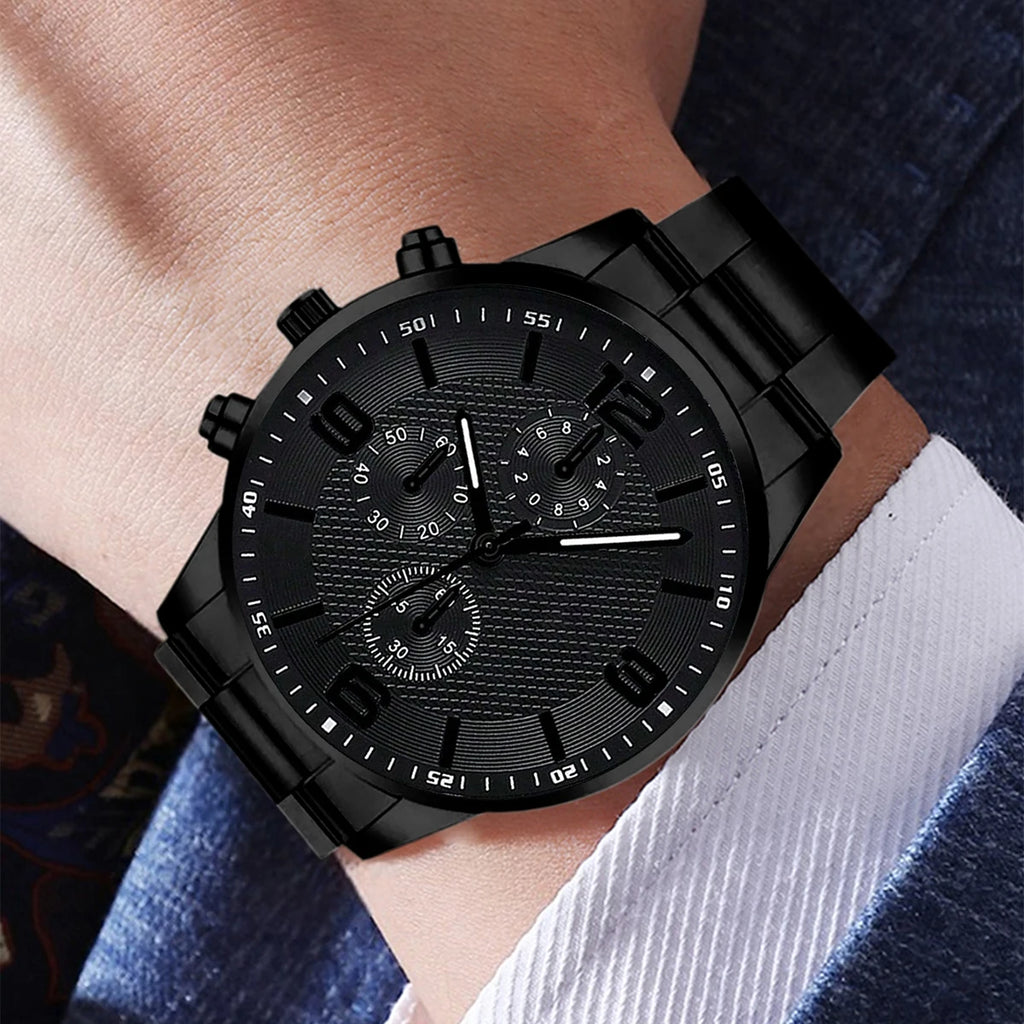 2/4PCS Men's Watch Set Business Trend Fashion Classic Three Eye Quartz Watch Bracelet Necklace Ring Set Perfect Gift