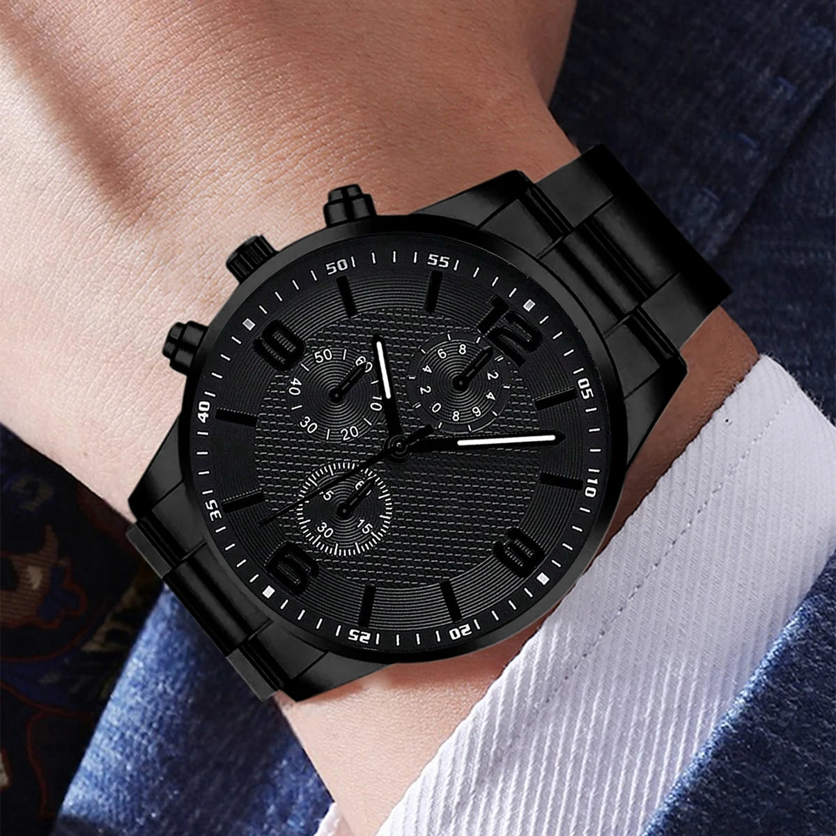 2/4PCS Men's Watch Set Business Trend Fashion Classic Three Eye Quartz Watch Bracelet Necklace Ring Set Perfect Gift