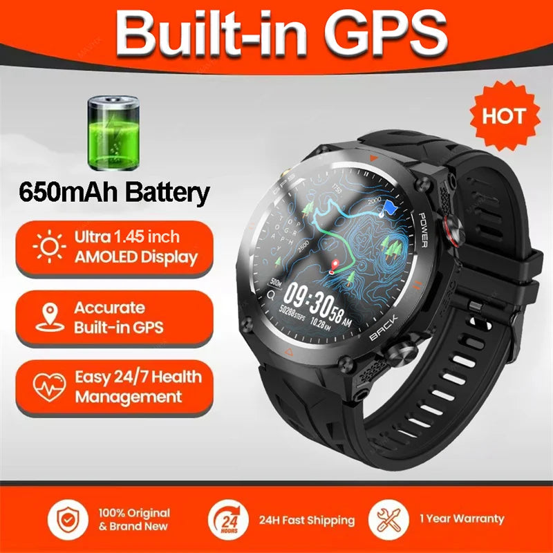 2026 New Military Outdoor Sports Smart Watch Men P68 Waterproof Built-in GPS Compass 650mAh Battery Bluetooth Call Smar twatch