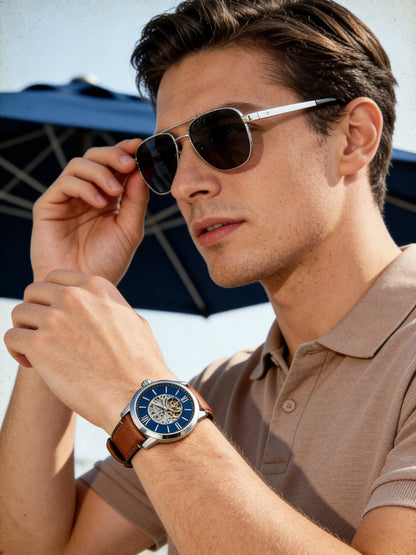 Fossil Men's Automatic Mechanical Watch Skeleton Dial Visible Movement Leather Strap Blue Navy Business Dress Gift Boyfriend