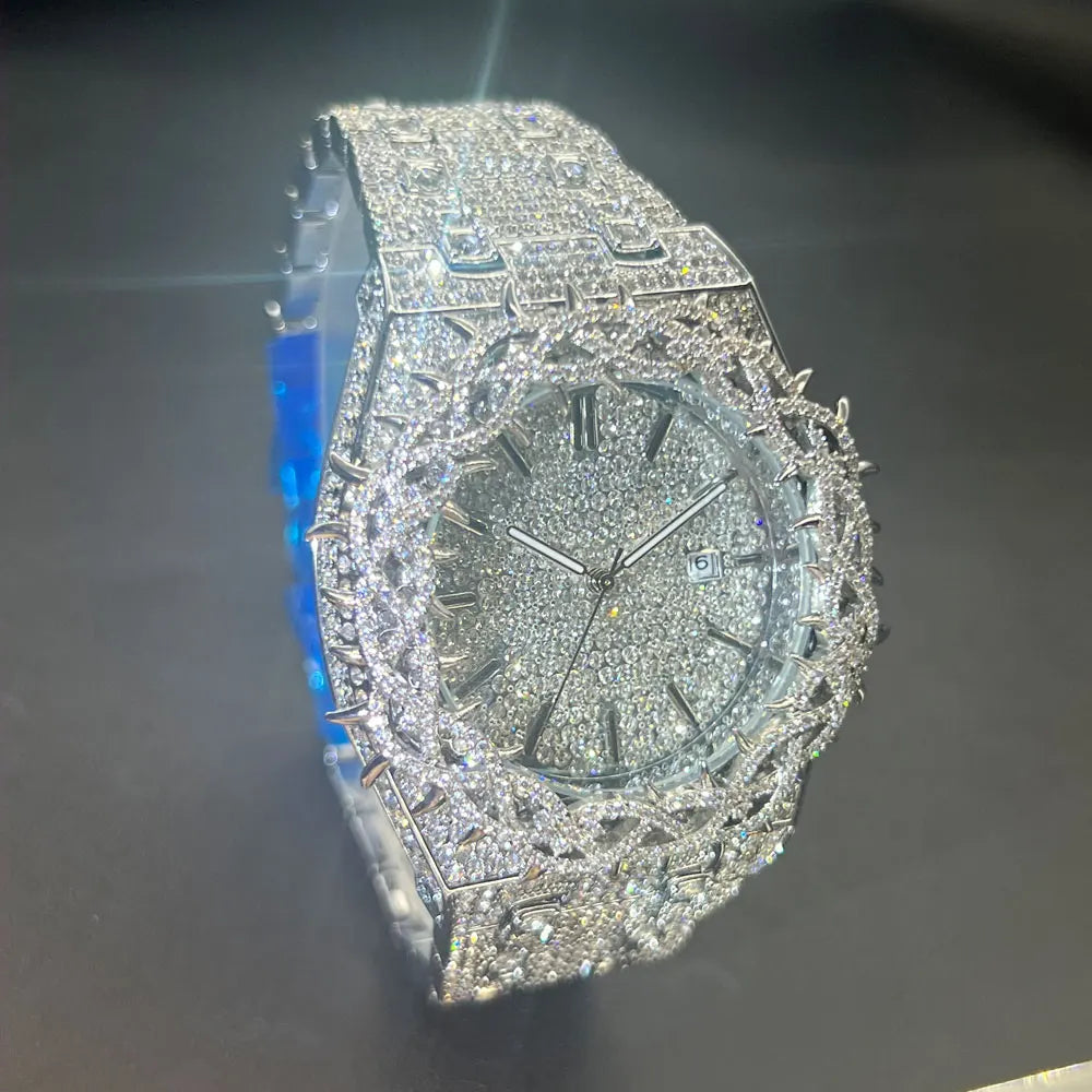 MISSFOX Cool Black Watch For Men Luxury Thorn Crown Quartz Watches Fashion Hip Hop Iced Diamond Wristwatch Man Dropshipping