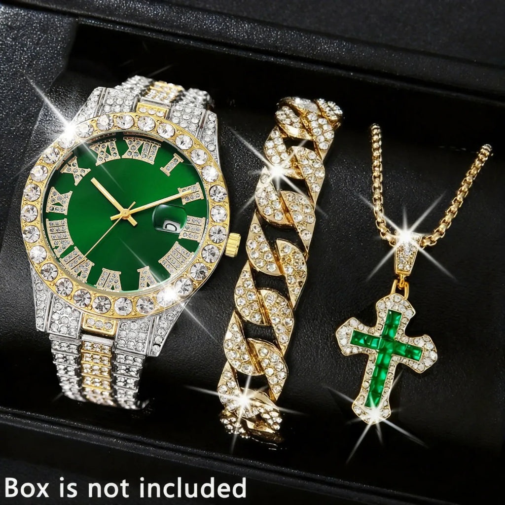 3PCS Luxury Full Diamond Men Watch Bracelet Necklace Set Fashion Hip Pop Men's Calendar Quartz Watches Reloj Mujer（Without Box）