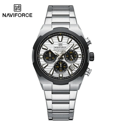 NAVIFORCE Men's Quartz Watch Multifunctional Calendar Stopwatch Luminous 30ATM Waterproof Stainless Steel Band Wristwatch