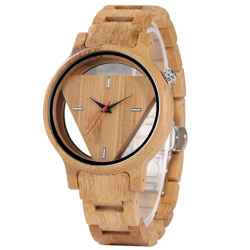 Bobo Bird Geometric  Watches Superb Inverted Triangle Bamboo Wooden Band Clock Male Full Wooden Quartz Wristwatches