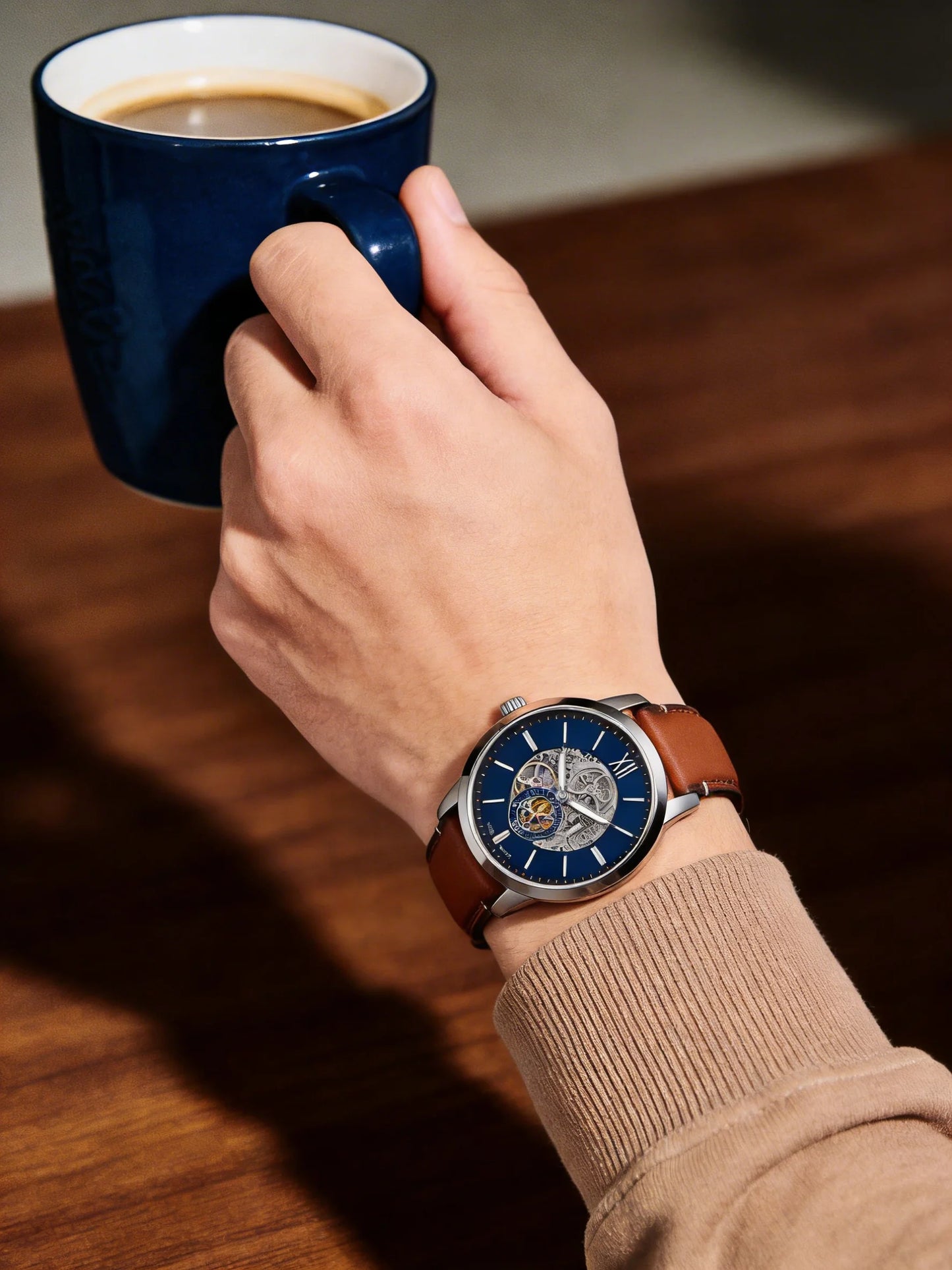 Fossil Men's Automatic Mechanical Watch Skeleton Dial Visible Movement Leather Strap Blue Navy Business Dress Gift Boyfriend