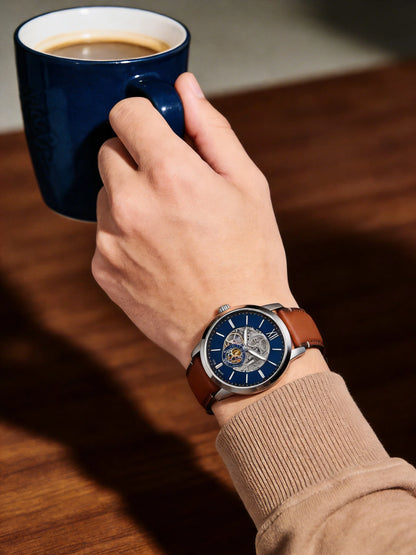 Fossil Men's Automatic Mechanical Watch Skeleton Dial Visible Movement Leather Strap Blue Navy Business Dress Gift Boyfriend