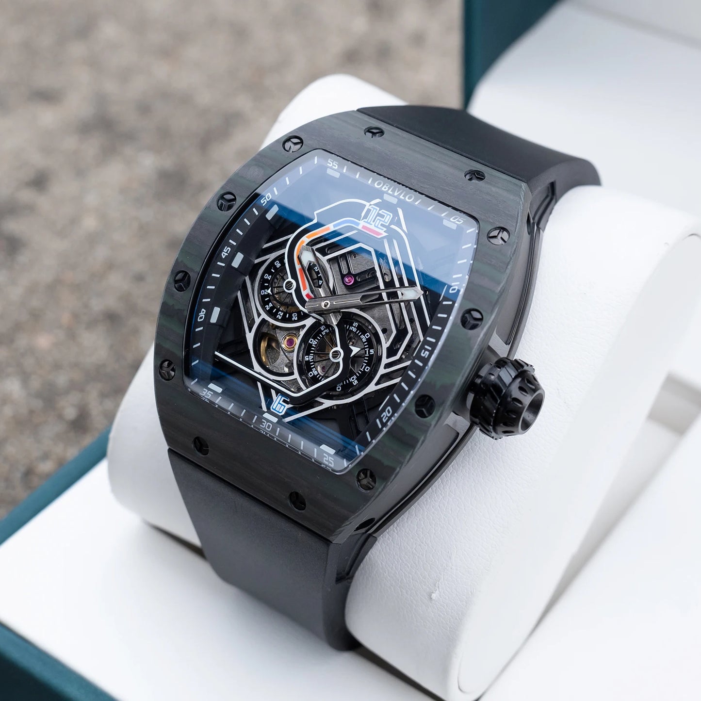 OBLVLO Men Automatic Watch 43mm Mechanical Tonneau Case Wristwatch Skeleton Racing Dial 50M Waterproof Luminous Miyota 82S7