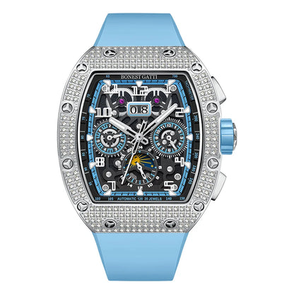 BONEST GATTI Automatic Watch Tonneau Mechanical Wristwatch Diamond Bezel Rubber Strap Watches For Men