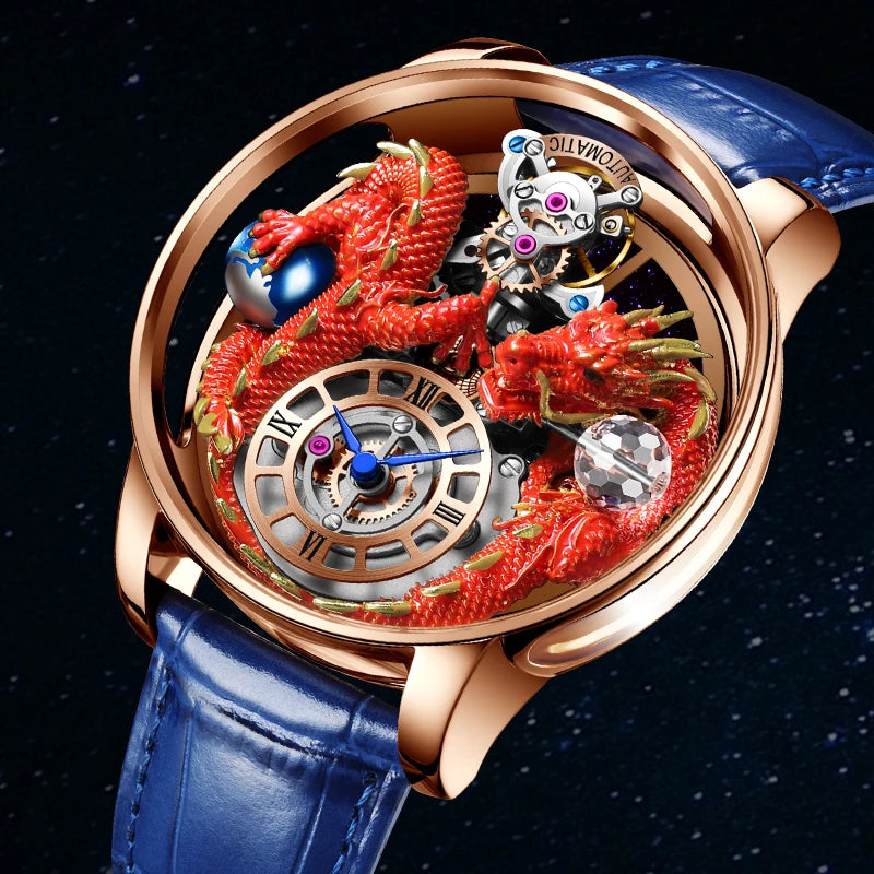 PINDU Design Celestial Body Series Traditionnelle Artisanat Three Dimensional Dragon Men Watch Curved Mirror Transparent Globe