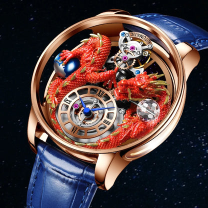 PINDU Design Celestial Body Series Traditionnelle Artisanat Three Dimensional Dragon Men Watch Curved Mirror Transparent Globe