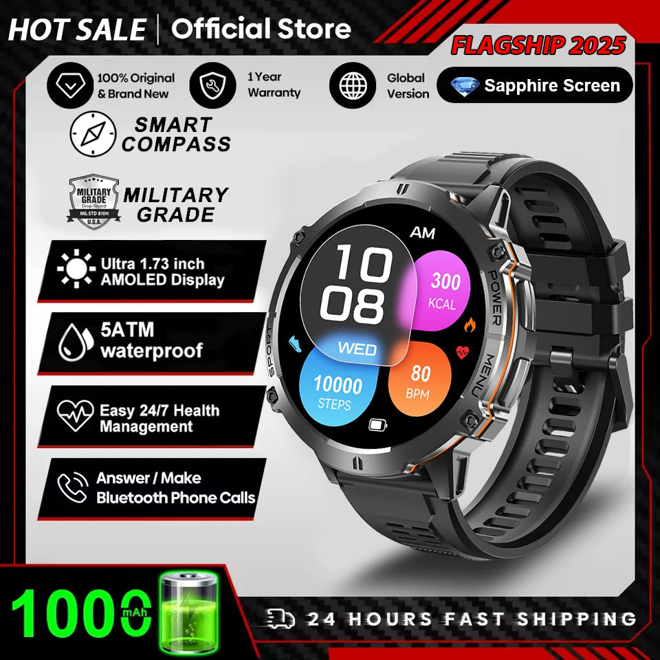 2026 Military TANK X3 Smart Watch Men 1.73" AMOLED Screen 5ATM Waterproof 1000mAh Battery GPS Sports Fitness Track Smart Watches