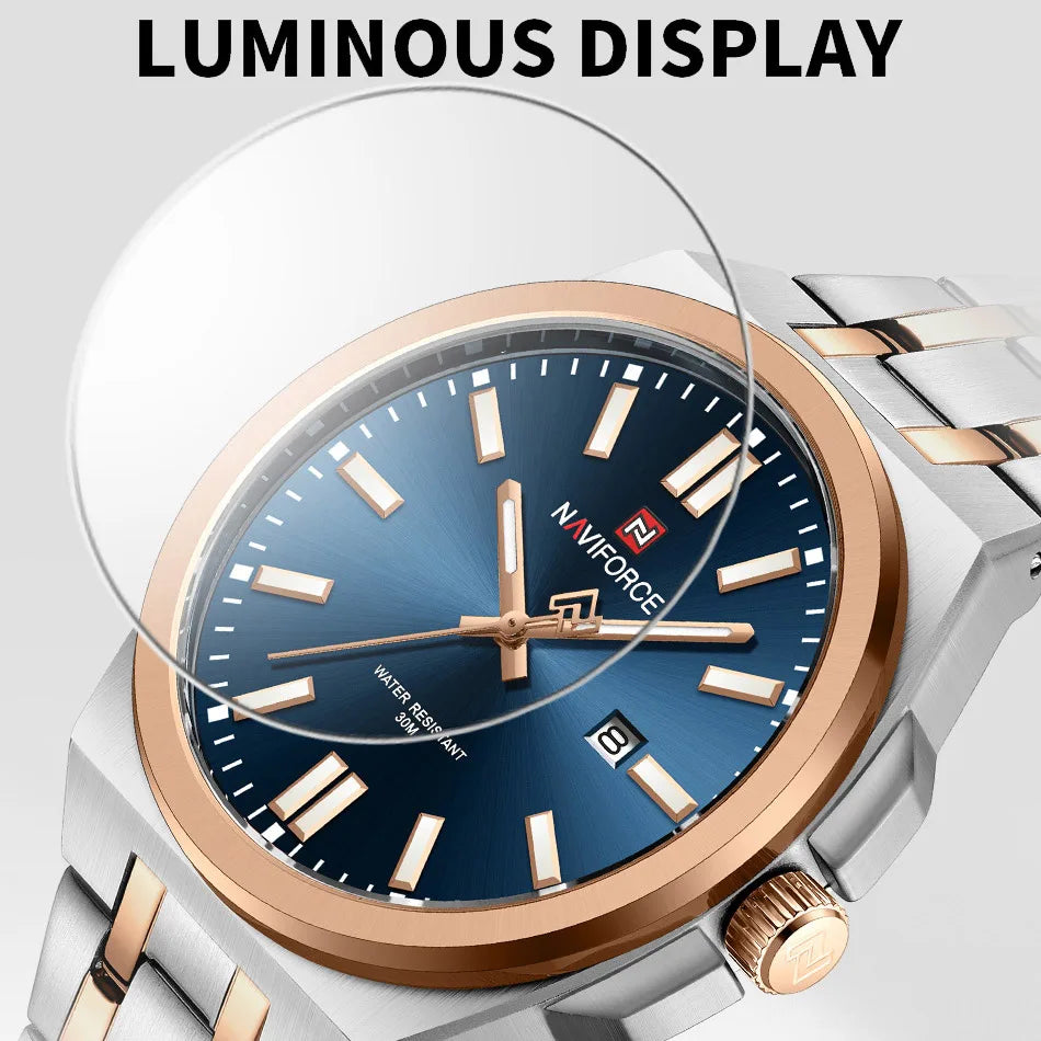 Top NAVIFORCE Men's Luxury Business Quartz Watch Luminous Steel Band Waterproof with Calendar Male Wristwatch Gift Reloj Hombre