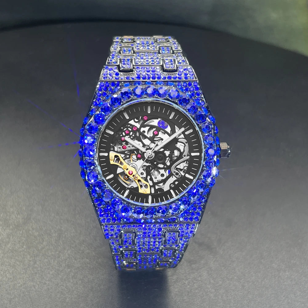 Automatic Watch For Men Luxury Full Green Ice Out Business Tourbillon Watches Bling Diamond Gold Male Mechanical Wristwatch