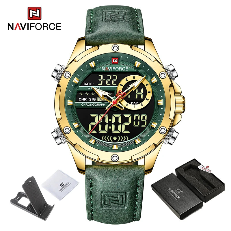 NAVIFORCE New Men Watches Business Genuine Leather Quartz Chronograph Luxury Brand Luminous Wristwatch Analog Digital Male Clock