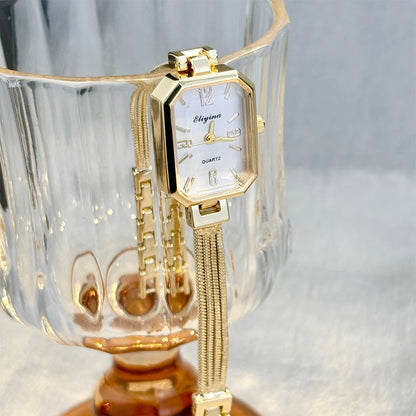 ChronoState Gold Tassel – Rectangular Women’s Wrist Watch | Elegant Chain Bracelet Watch