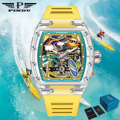 PINDU Watch Unique Dial Design Style Men Mechanical Watch Summer Beach Fashion Watch Glowing Waterproof Resin Automatic Watches