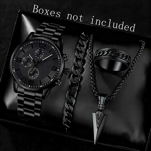 2/4PCS Men's Watch Set Business Trend Fashion Classic Three Eye Quartz Watch Bracelet Necklace Ring Set Perfect Gift