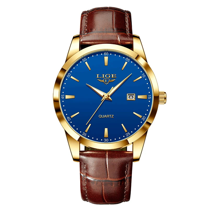 LIGE  Watch Fashion Leather Strap Mens Watches Military Quartz Wristwatches