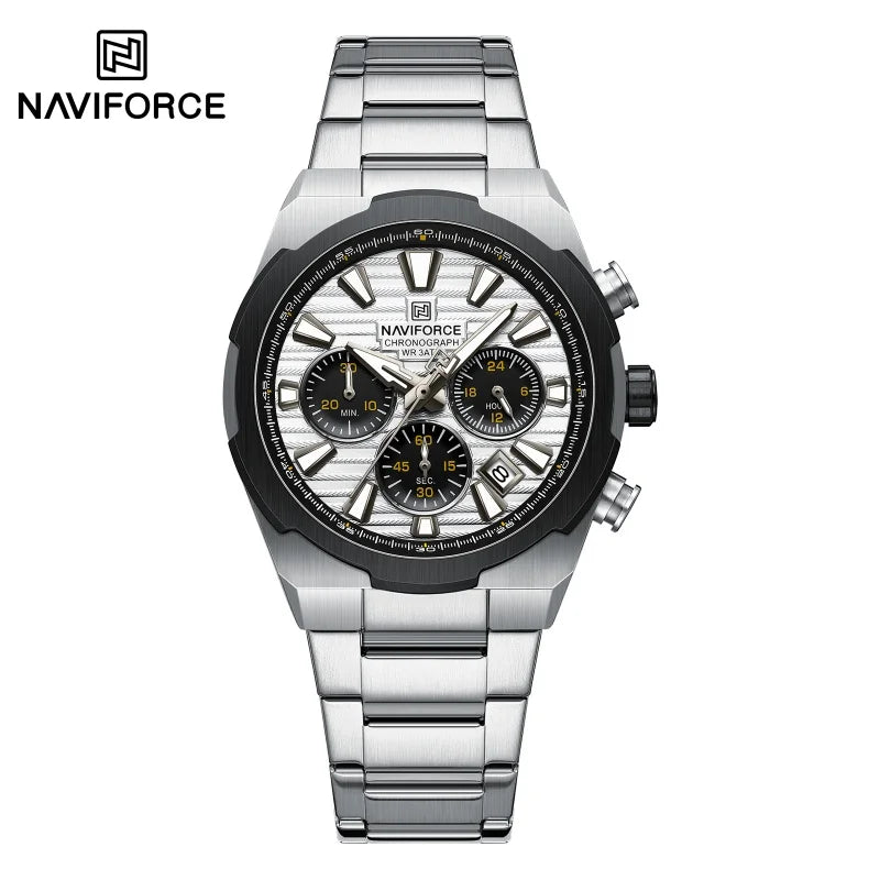 NAVIFORCE Men's Quartz Watch Multifunctional Calendar Stopwatch Luminous 30ATM Waterproof Stainless Steel Band Wristwatch