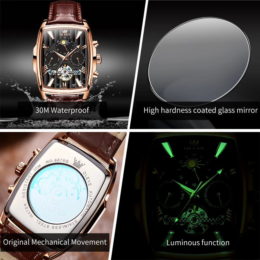 OLEVS 6675 Original Automatic Men's Watches Luxury Brand Square Dial Moon Phase Hollowed Flywheel Mechanical Wristwatch for Man