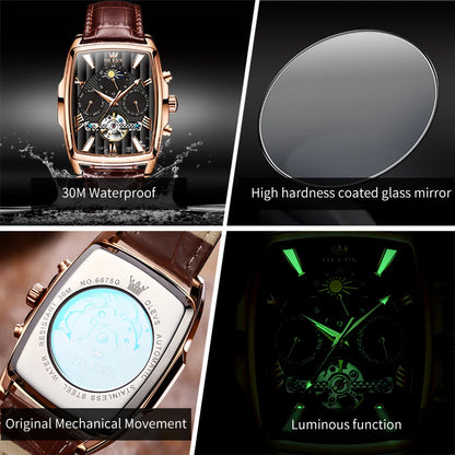OLEVS 6675 Original Automatic Men's Watches Luxury Brand Square Dial Moon Phase Hollowed Flywheel Mechanical Wristwatch for Man