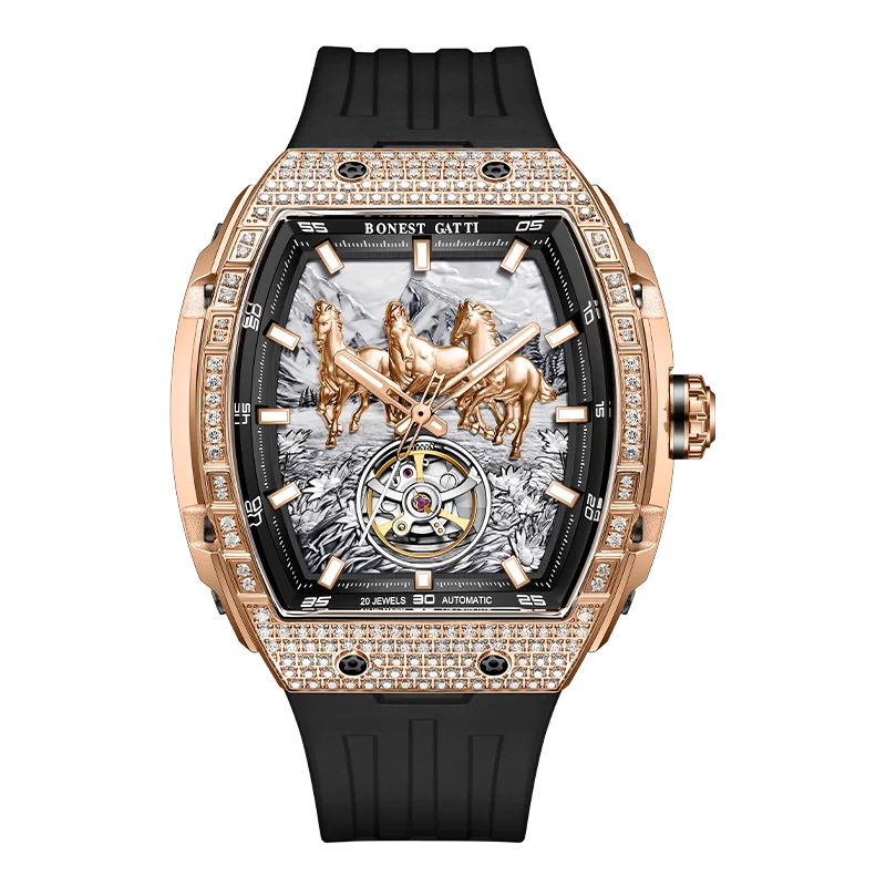 BONEST GATTI Mens German Automatic Mechanical Watch Waterproof Luminous Silicone Strap Business Fashion Men's Chronograph Watch