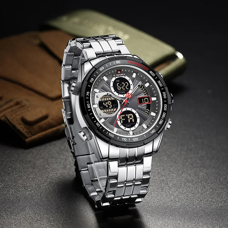 NAVIFORCE Men's Quartz Watches New Dual Display 30m Waterproof Sports Wrist Watch Stainless Steel Casual Clock Relogio Masculino