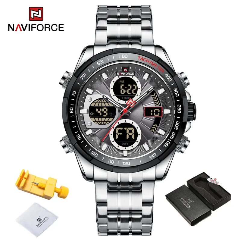 Top Luxury NAVIFORCE Gold Watches for Men Quartz Military Digital Sports Wrist Watch Steel Band Waterproof Luminous Alarm Clock