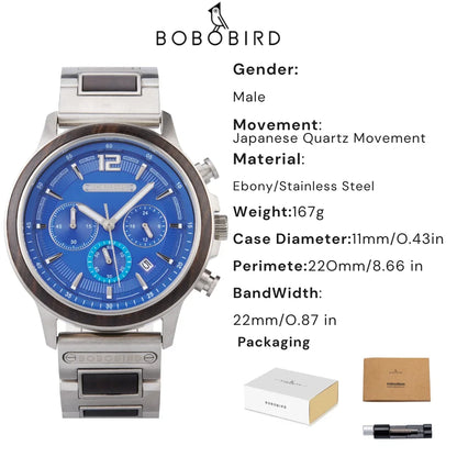 BOBOBIRD High Quality Men's Wood Watch Quartz Chronograph with Date Stainless Steel Wristwatch Gift for Him Support Dropshipping
