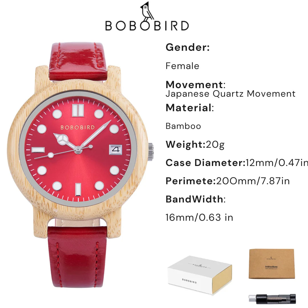 BOBO BIRD Bamboo Ladies Wristwatch for Women with Genuine Leather Strap Natural Lightweight Elegant Fashion Gift Watch for Her