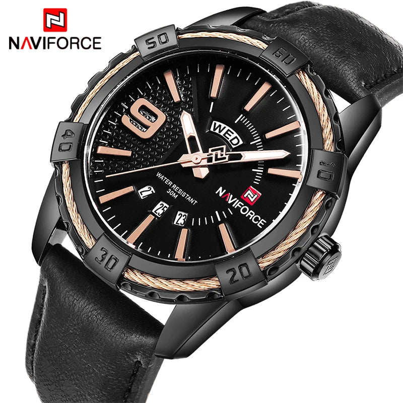 New NAVIFORCE Men's Watch Quartz Waterproof Shockproof Leather Band Wristwatch Fashionable Luxury Business Male Clock NF9117L