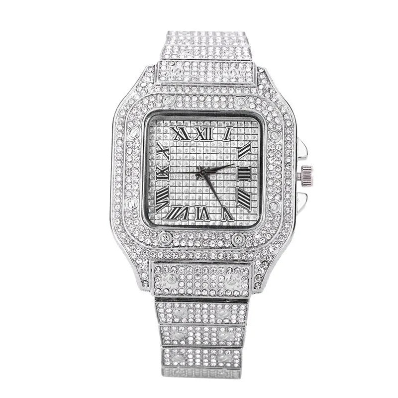 Brand Luxury Men's Watches Stylish Alloy Strap Hip Hop Diamond Gold Date Quartz Watch Montre Homme