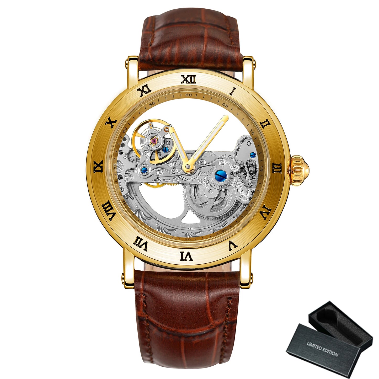 Forsining Luxury Skeleton Automatic Mechanical Watch for Men Golden Bridge Dial Steel Leather Strap Business Mens Watches Gifts