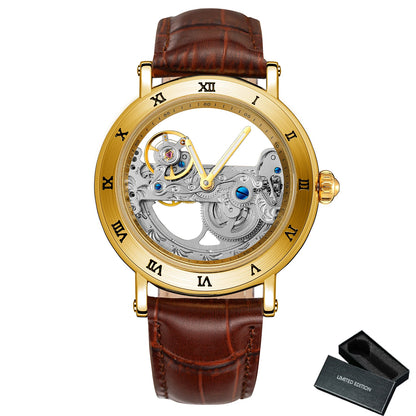 Forsining Luxury Skeleton Automatic Mechanical Watch for Men Golden Bridge Dial Steel Leather Strap Business Mens Watches Gifts