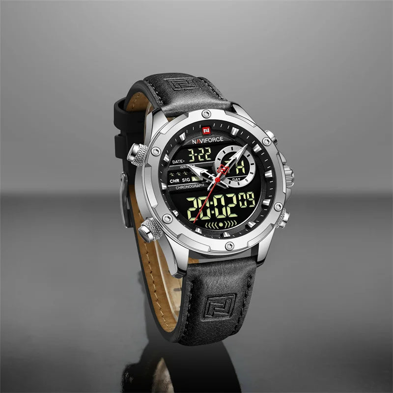Naviforce Mens Original Watches 2025 Men Fashion Sports Waterproof Luxury Corium Strap Men Wristwatch with Calendar Dual Display