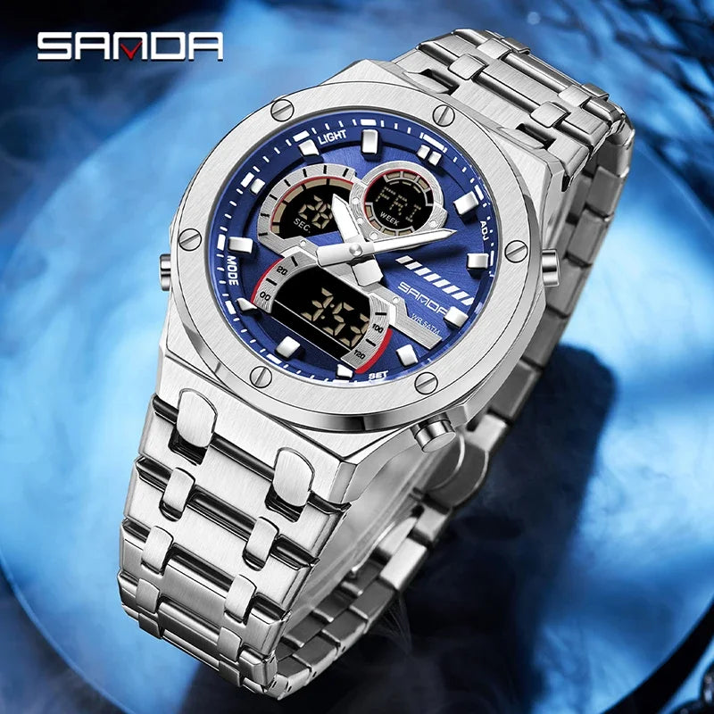 SANDA Fashion Men's Quartz Watch Multifunction Chronograph LED Display Wristwatch Waterproof Stainless Steel Men's Digital Clock