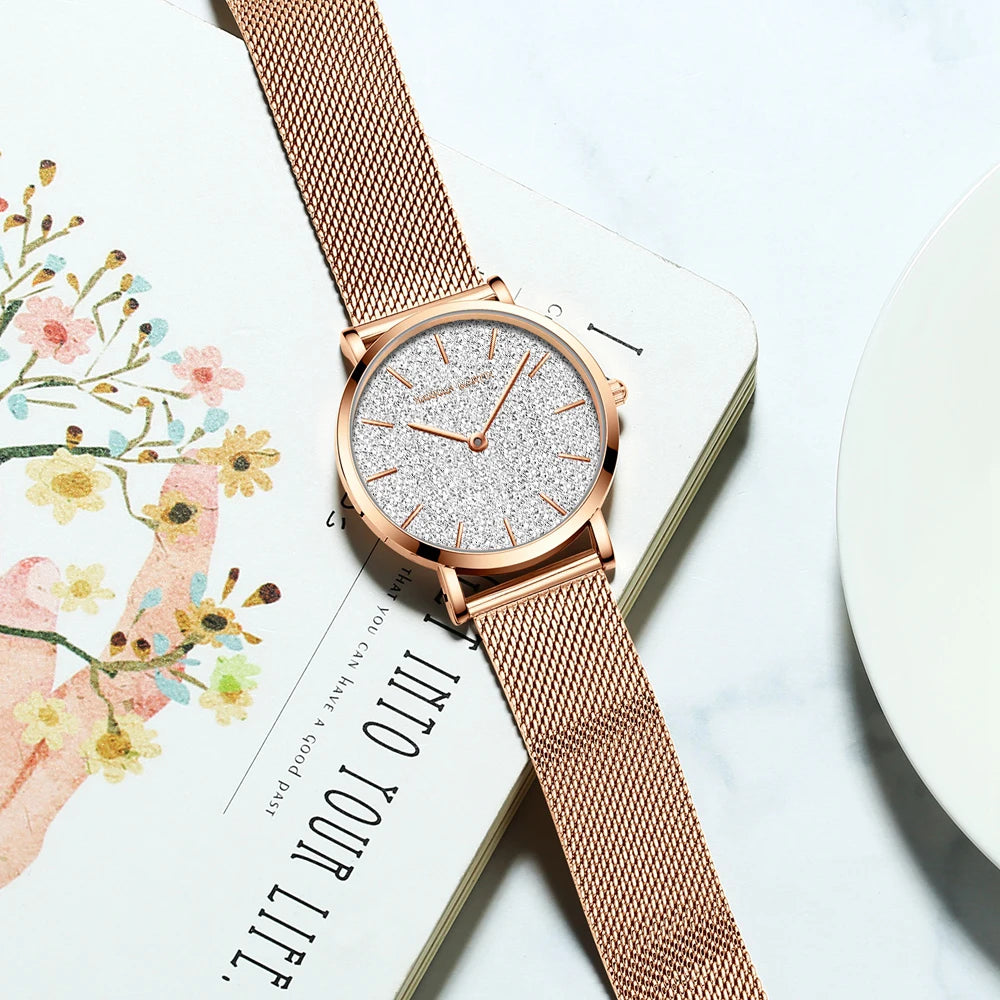 Hannah Martin Luxury Women's Watch With Japanese Original Quartz Movement Stainless Steel Mesh Strap 36mm Rose Gold Wrist Watch